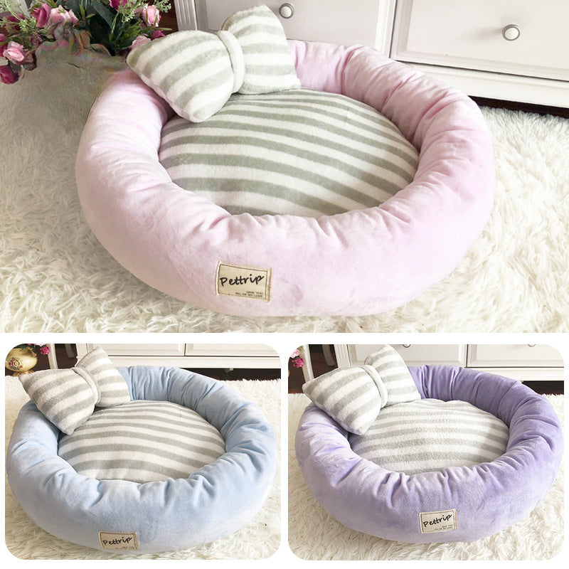 Sweet Soft Striped Bowknot Pillow Dog Cat Bed