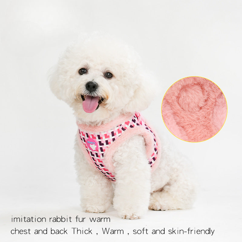 Reflective Plaid Pattern Furry Dog Harness&Leash