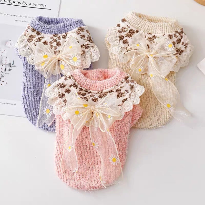 Daisy Printed Lace Bowknot Dog Cat Sweater