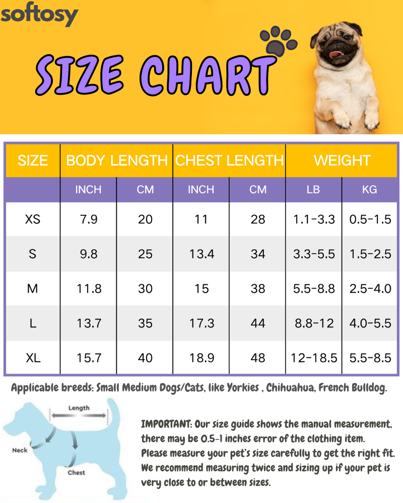 Bear Decor Fleece Dog Harness Vest-Size Chart-Softosy Pet Boutique