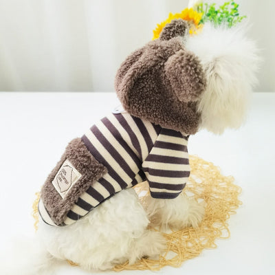 Striped Fleece Pocket Dog Cat Hooded Jacket Harness