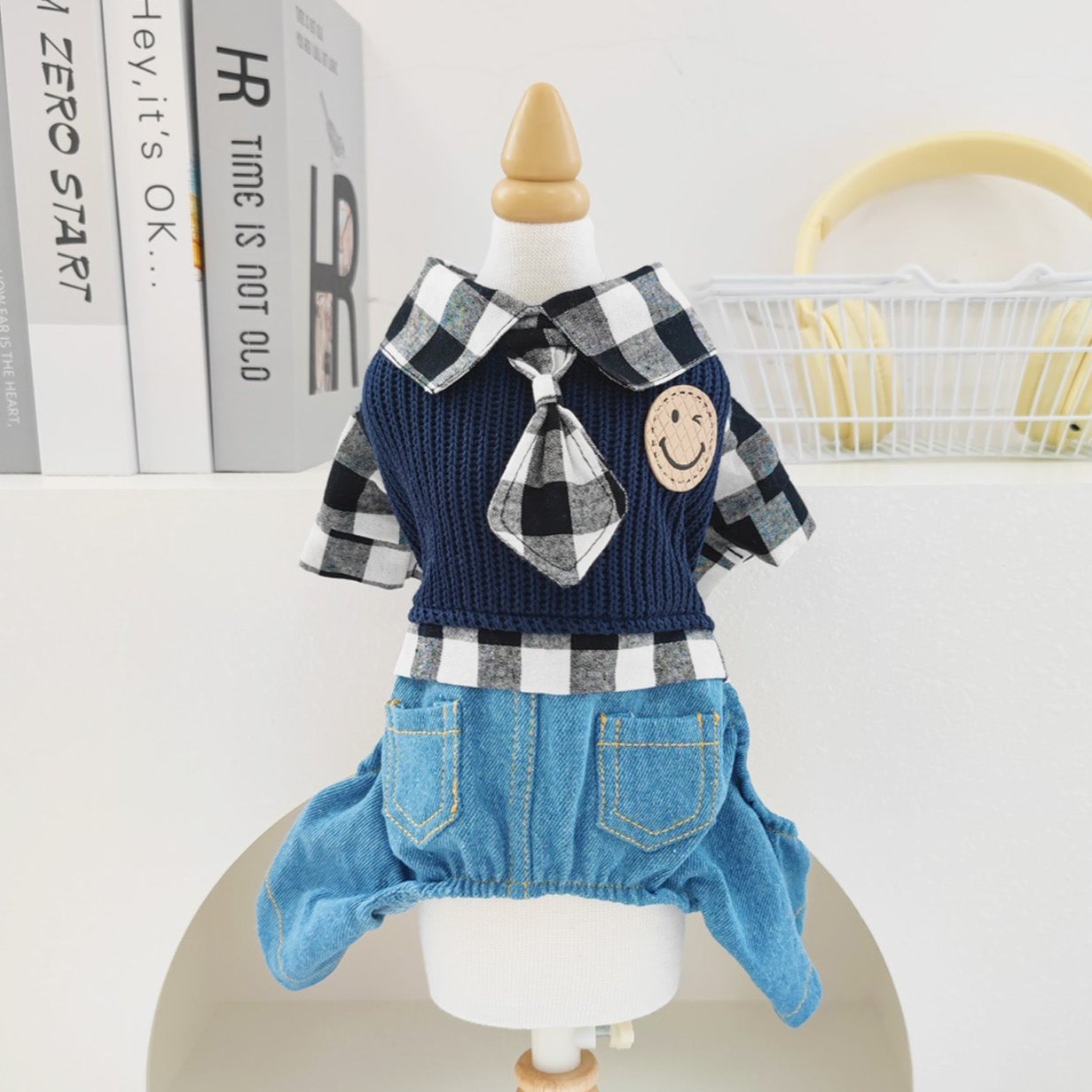 Smile Face Plaid Tie Decor Dog Jumpsuits