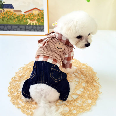 Smile Face Plaid Tie Decor Dog Jumpsuits