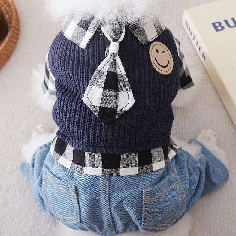 Smile Face Plaid Tie Decor Dog Jumpsuits