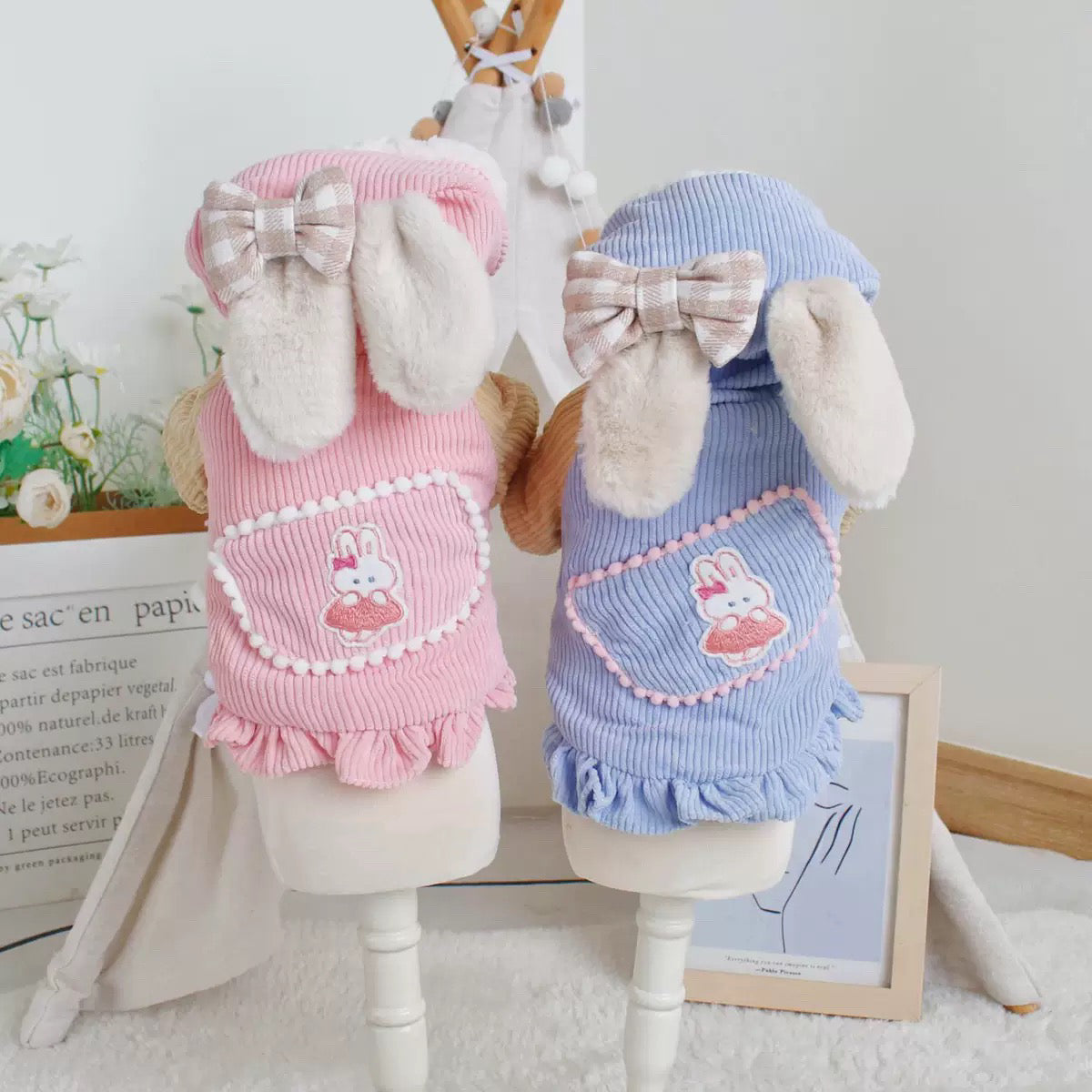 Fleece Rabbit Ear Bow Dog Cat Hooded Jacket