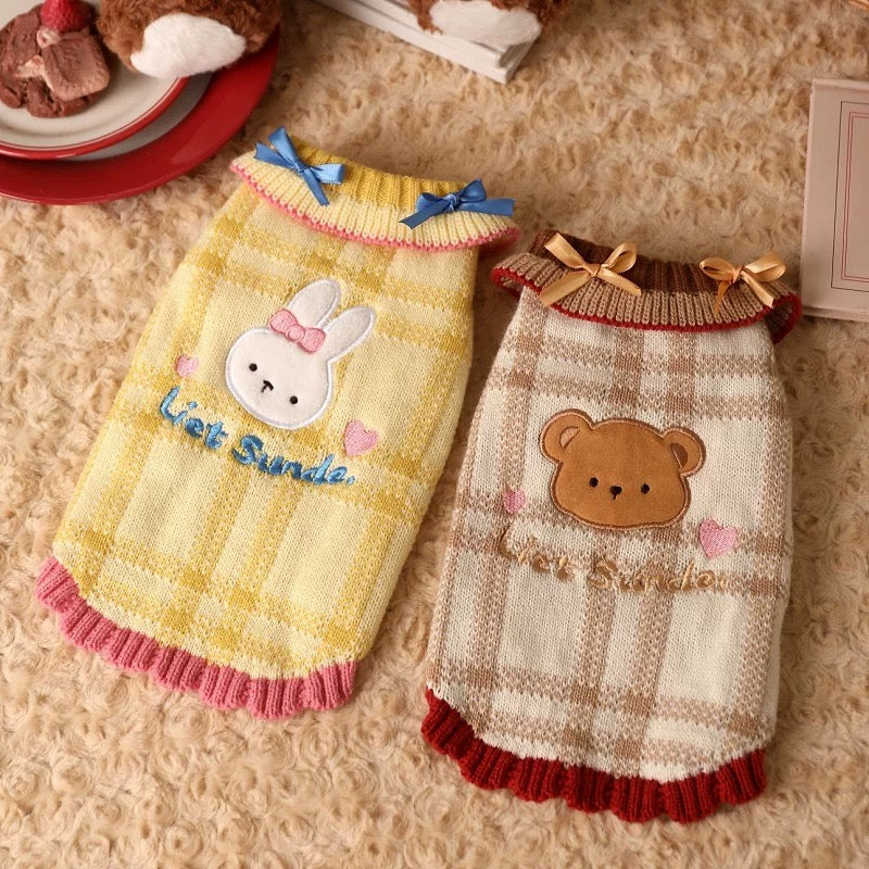 Sweet Bear Rabbit Pattern Plaid Dog Cat Sweater