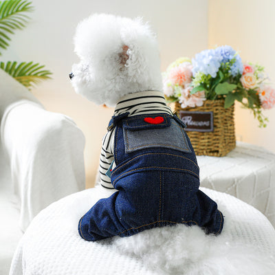 Striped Heart Pattern Denim Dog Jumpsuits