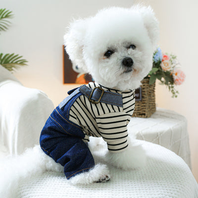 Striped Heart Pattern Denim Dog Jumpsuits