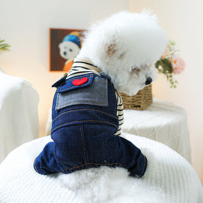 Striped Heart Pattern Denim Dog Jumpsuits