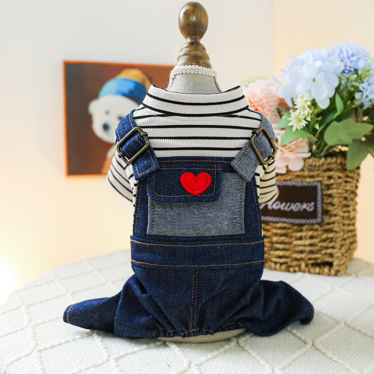 Striped Heart Pattern Denim Dog Jumpsuits