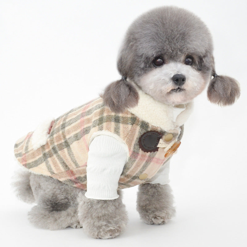 Buttoned Plaid Fleece Collar Dog Cat Jacket