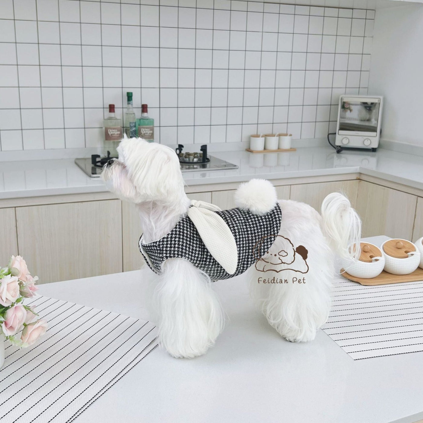 Houndstooth Ear Decor Fleece Dog Harness Jacket