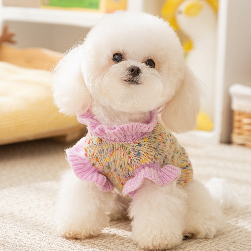 Purple Knitted Flower Ruffled Sleeves Dog Cat Sweater