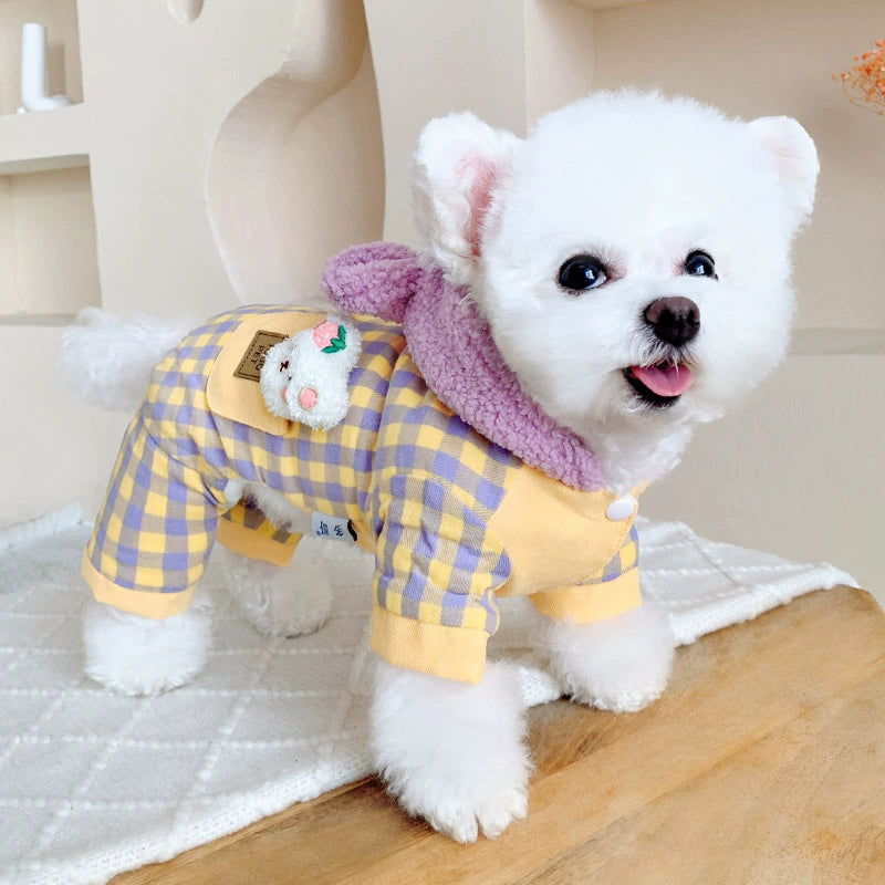 Fleece Plaid Color Block Hooded Dog Jumpsuits