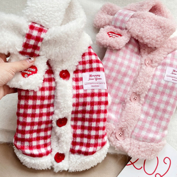 Sweet Furry Plaid Fleece Dog Cat Jacket&Scarf