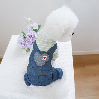 Striped Heart Pattern Denim Dog Jumpsuits