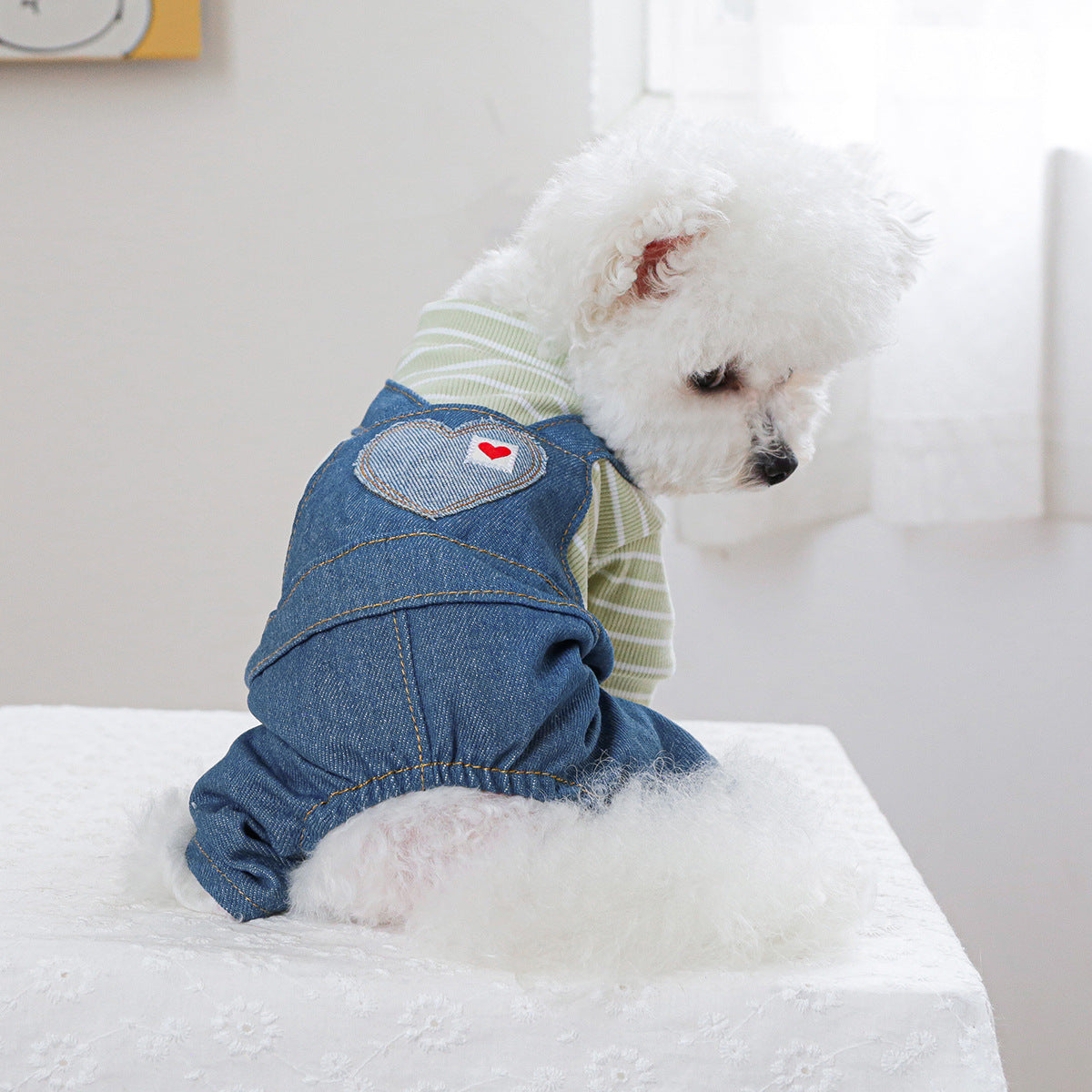 Striped Heart Pattern Denim Dog Jumpsuits