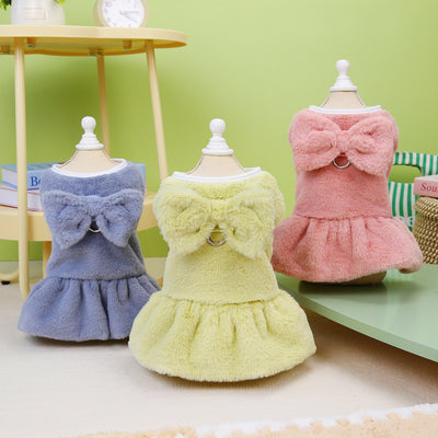 Fleece Solid Color Bowknot Dog Cat Harness Dress