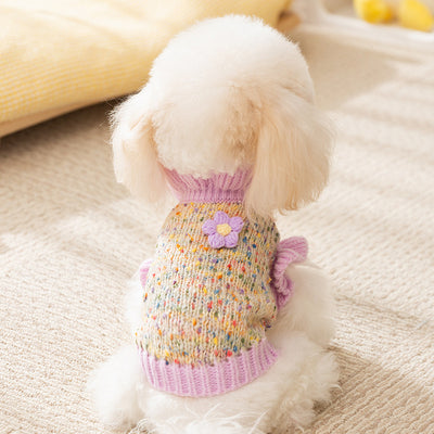 Purple Knitted Flower Ruffled Sleeves Dog Cat Sweater