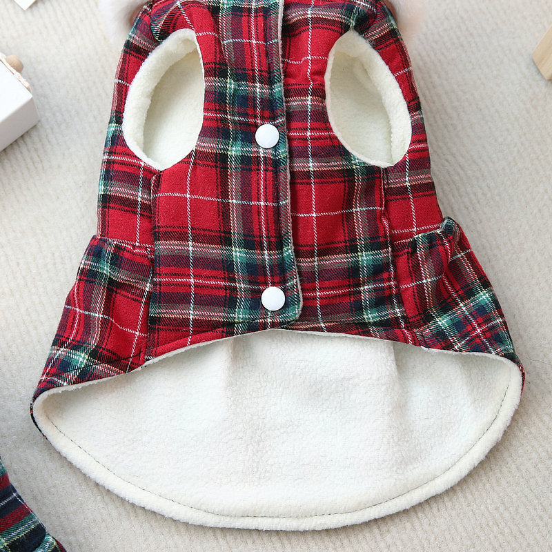 Plaid Fleece Bowknot Dog Harness Dress Coat