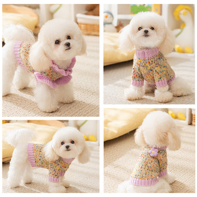 Purple Knitted Flower Ruffled Sleeves Dog Cat Sweater