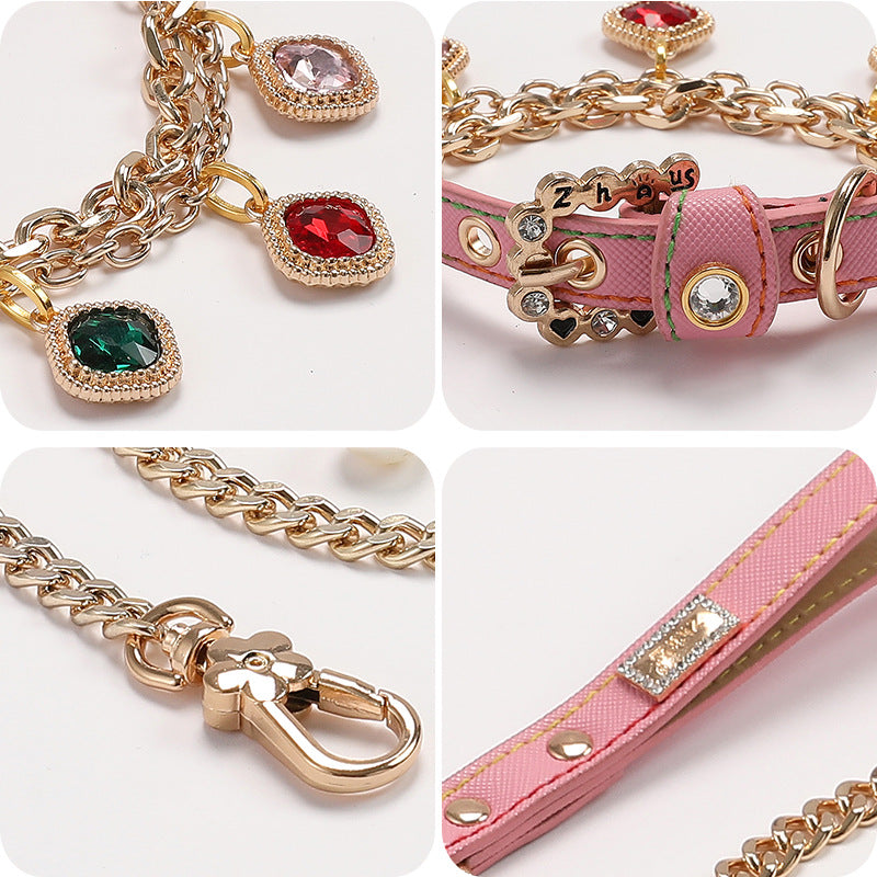 Multicolor Rhinestone Dog Cat Collar&Leash