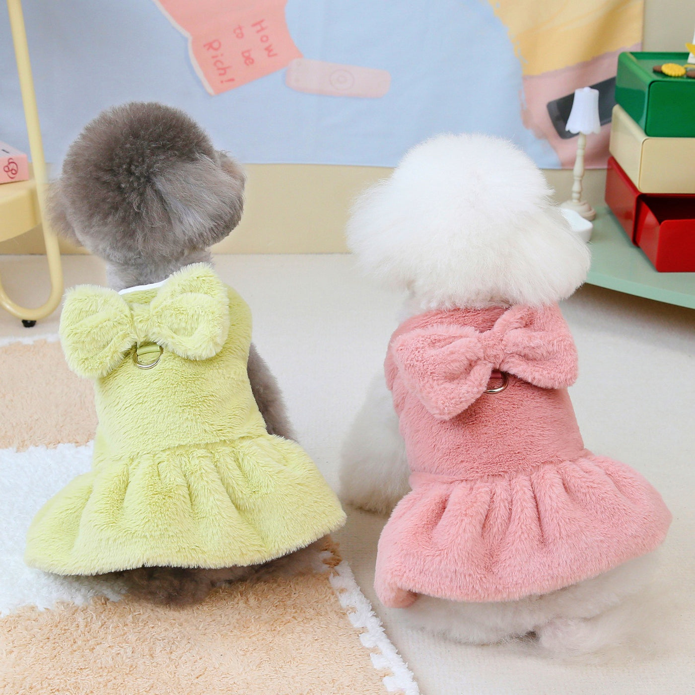 Fleece Solid Color Bowknot Dog Cat Harness Dress