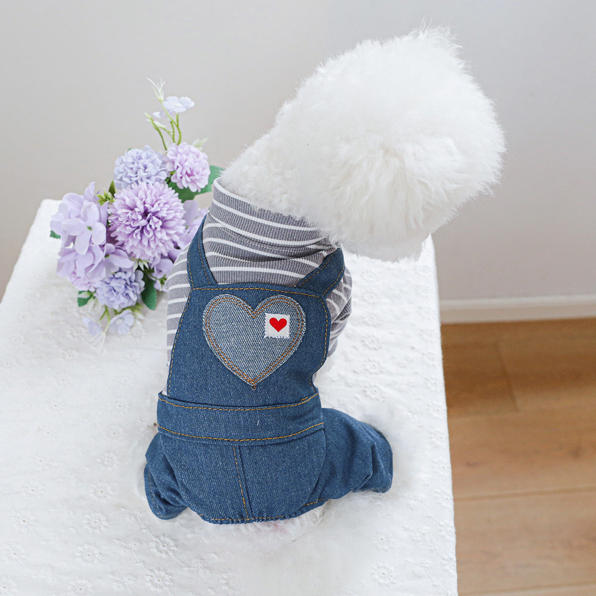 Striped Heart Pattern Denim Dog Jumpsuits