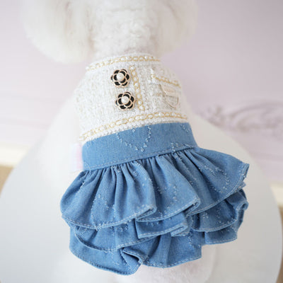 Fleece Denim Pearl Layered Dog Cat Dress