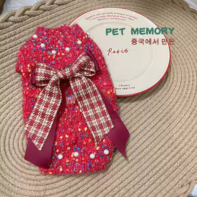 Plaid Bowknot Beading Dog Cat Sweater