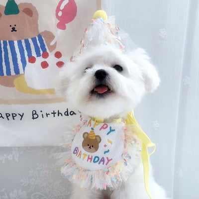 Birthday Bear Printed Dog Cat Bib&Hat Set