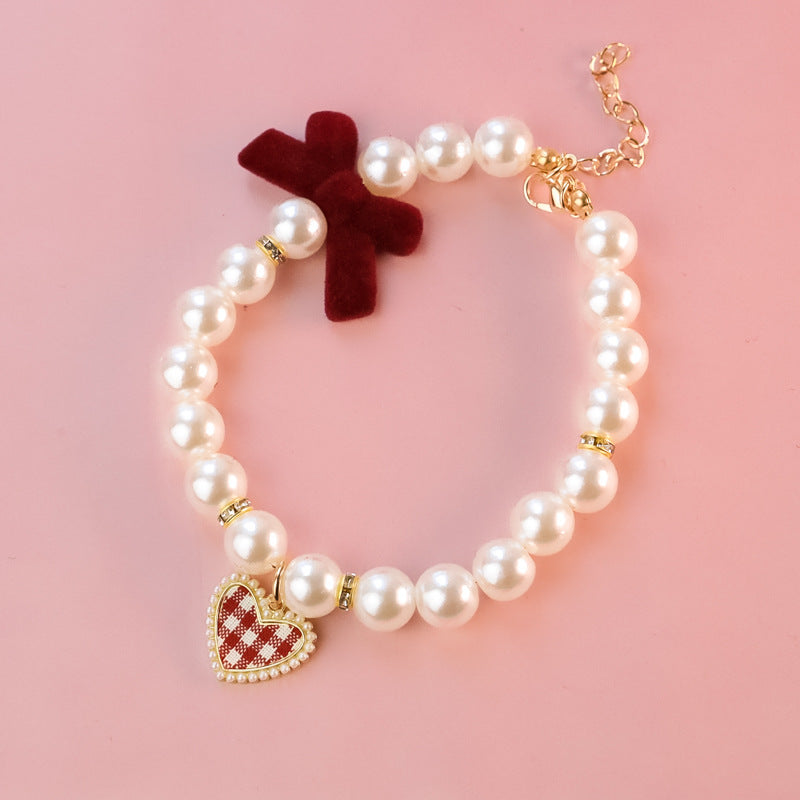 Vintage Plaid Heart Pearl Dog Cat Necklace
