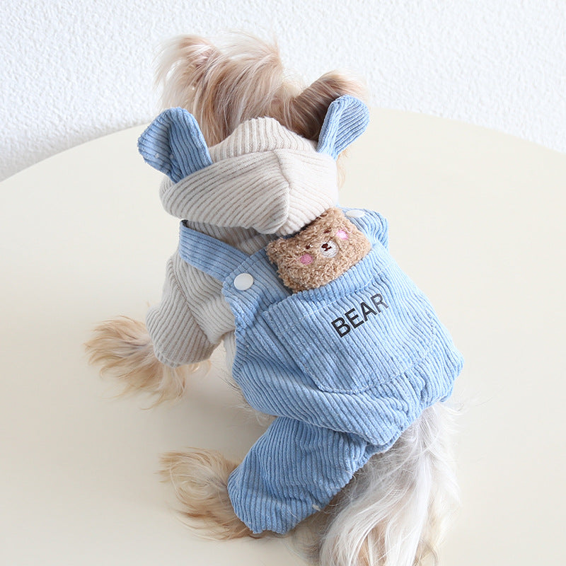 Corduroy Bear Decor Hooded Dog Jumpsuits