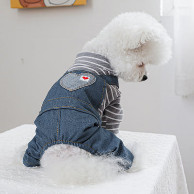 Striped Heart Pattern Denim Dog Jumpsuits