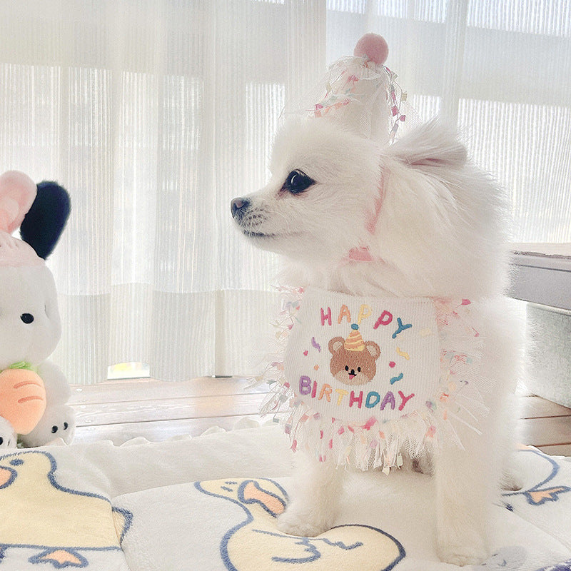 Birthday Bear Printed Dog Cat Bib&Hat Set