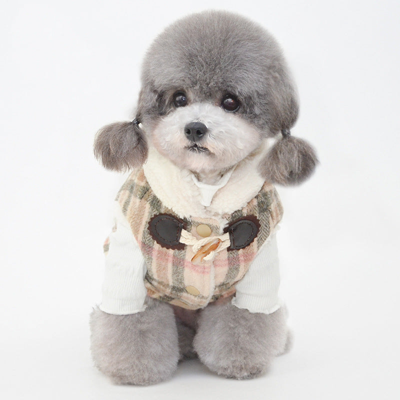 Buttoned Plaid Fleece Collar Dog Cat Jacket