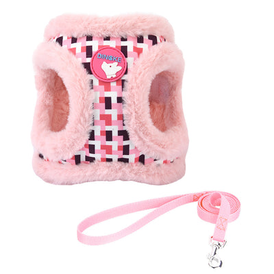 Reflective Plaid Pattern Furry Dog Harness&Leash