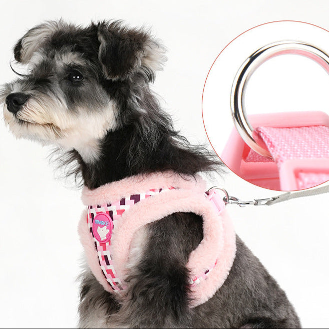 Reflective Plaid Pattern Furry Dog Harness&Leash