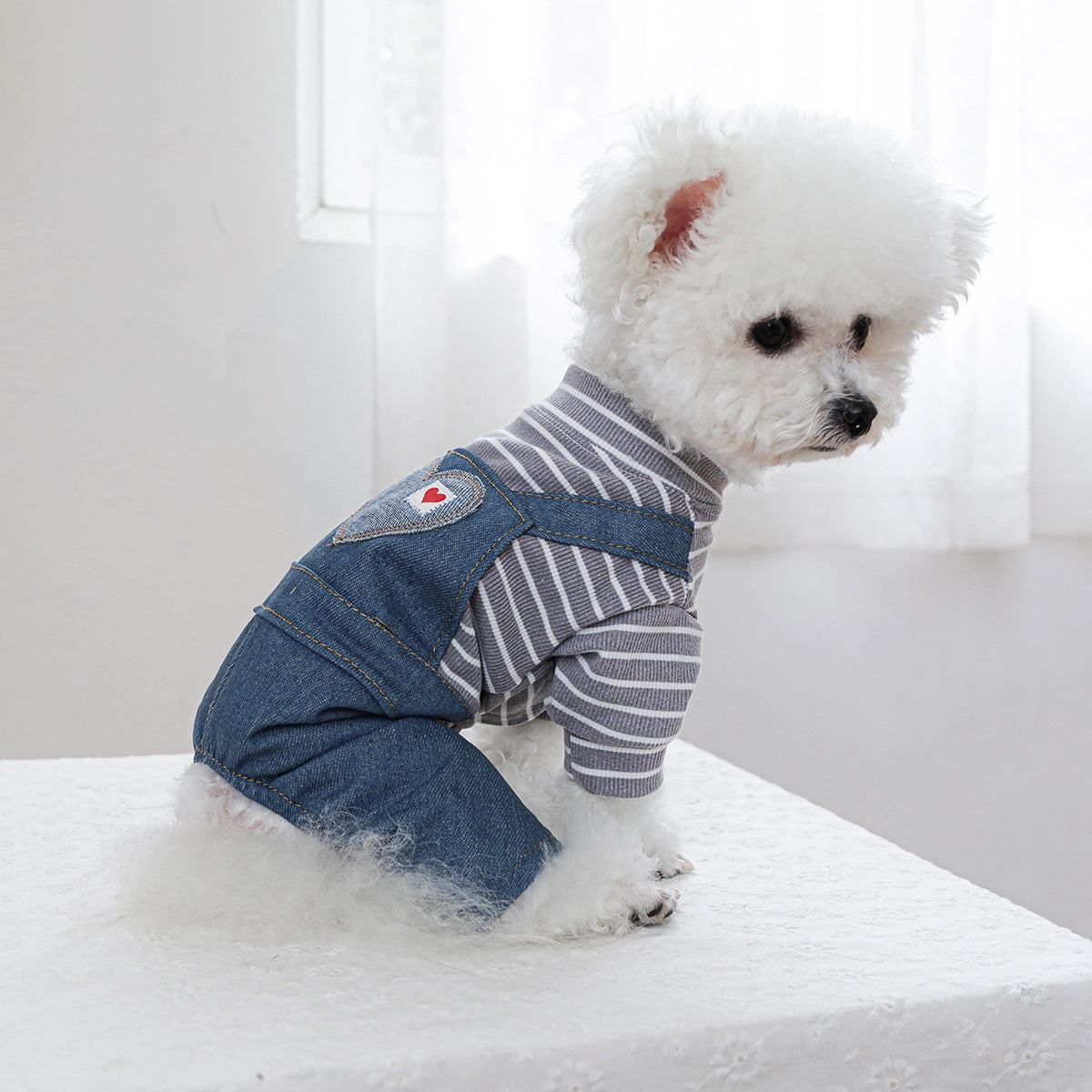 Striped Heart Pattern Denim Dog Jumpsuits