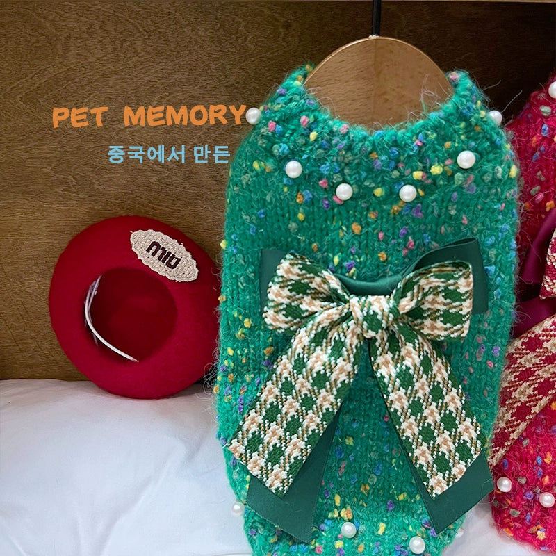 Plaid Bowknot Beading Dog Cat Sweater