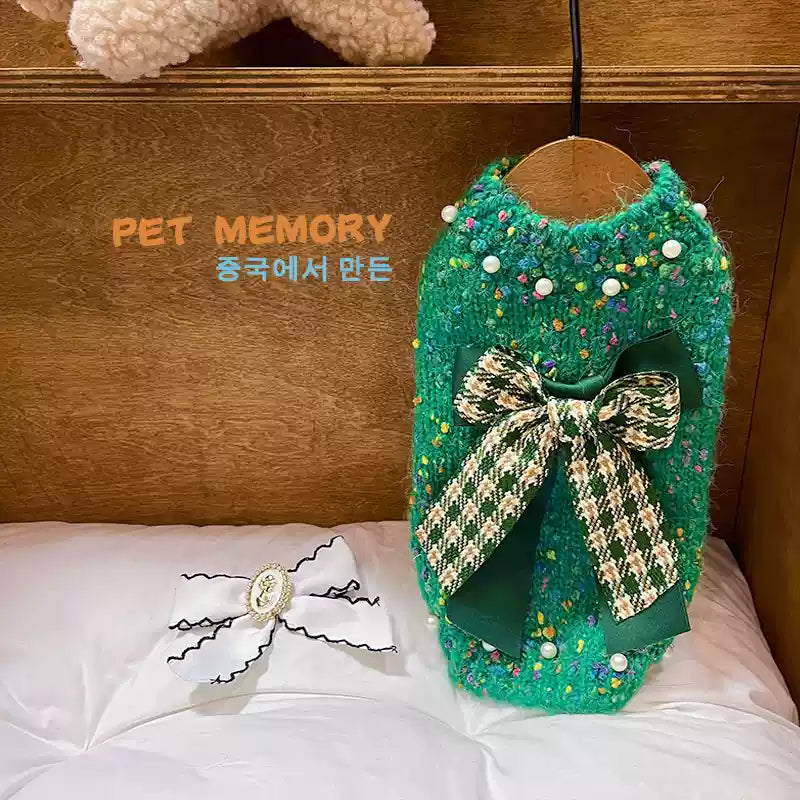 Plaid Bowknot Beading Dog Cat Sweater