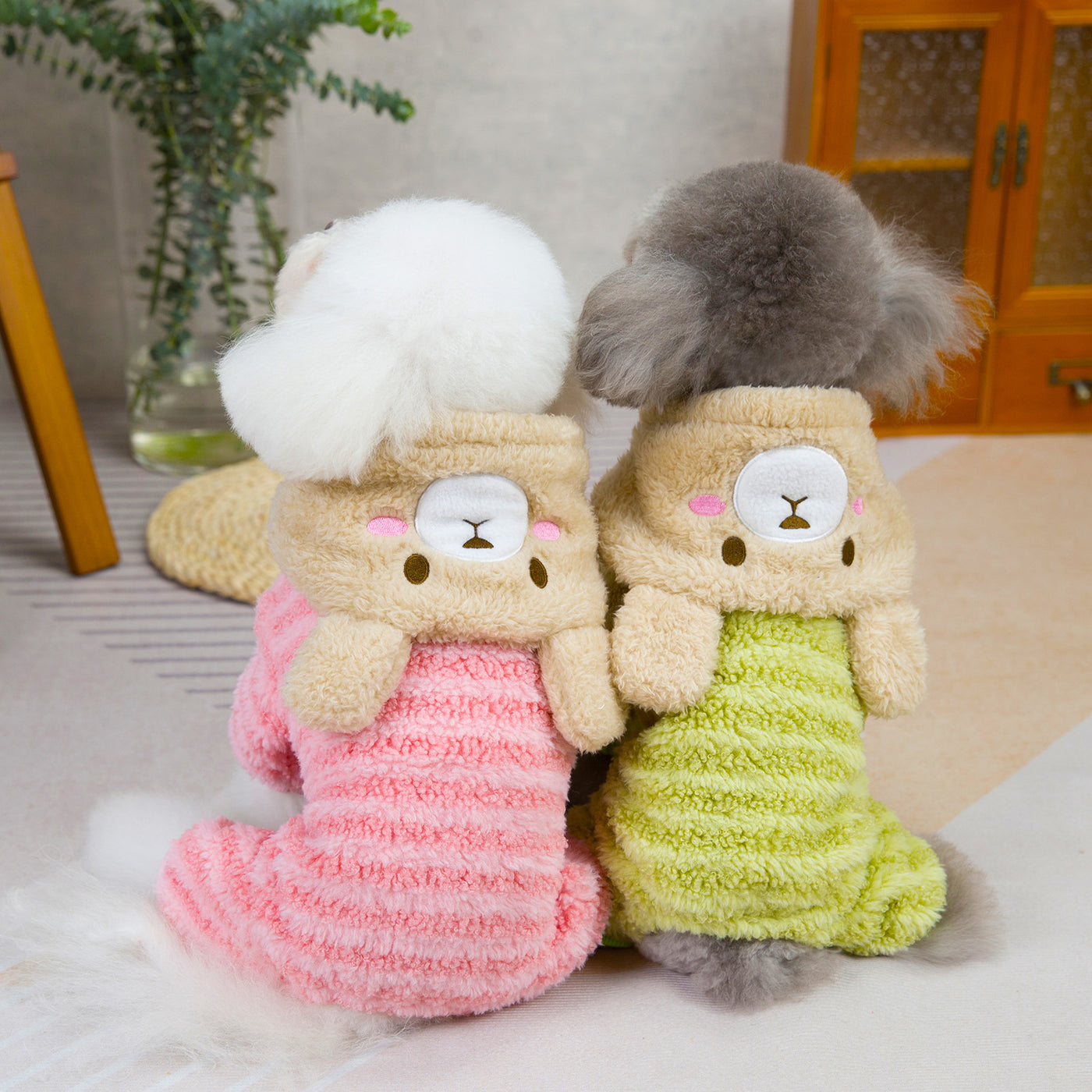 Fleece Striped Bear Head Hooded Dog Jumpsuits