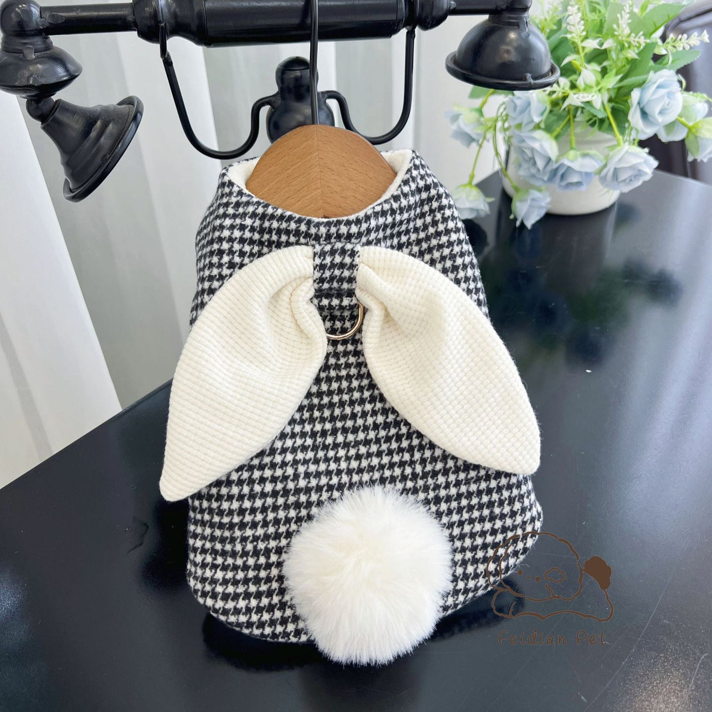 Houndstooth Ear Decor Fleece Dog Harness Jacket