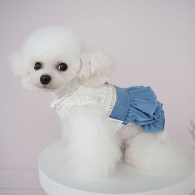 Fleece Denim Pearl Layered Dog Cat Dress