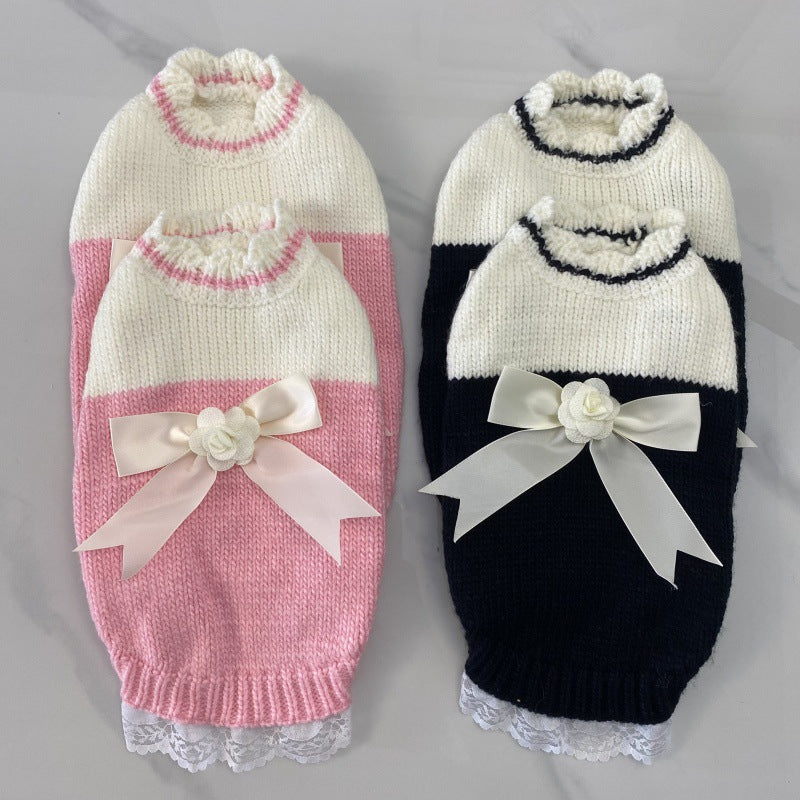 Color Block Bowknot Knitted Dog Cat Sweater