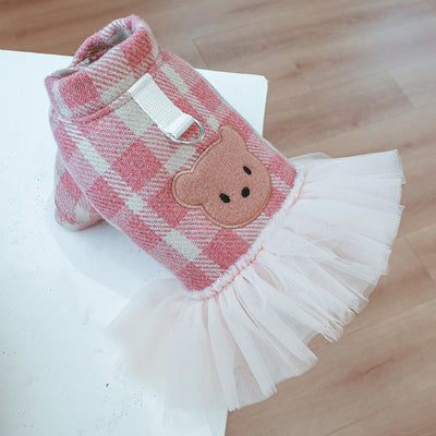 Pink Bear Printed Plaid Dog Dress/Hoodie