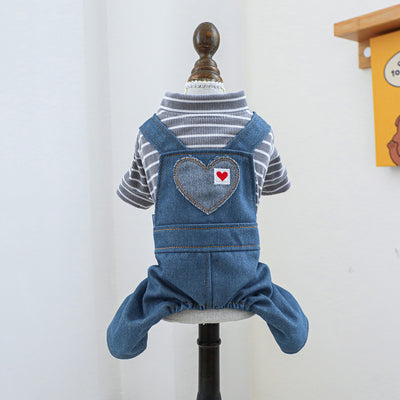 Striped Heart Pattern Denim Dog Jumpsuits