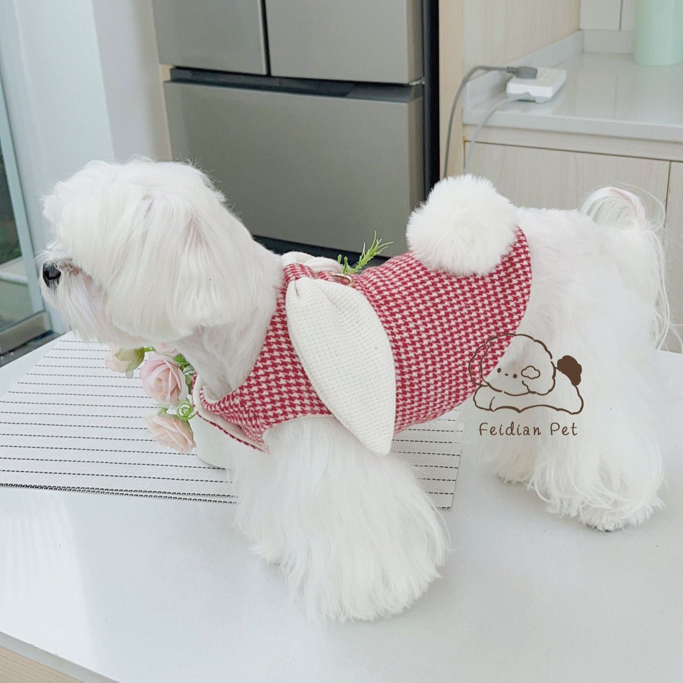 Houndstooth Ear Decor Fleece Dog Harness Jacket