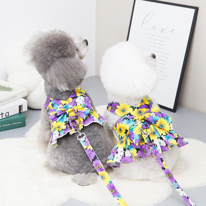 Floral Printed Dog Dress&Vest Harness with Leash