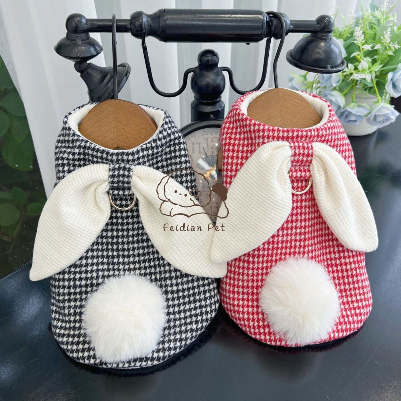 Houndstooth Ear Decor Fleece Dog Harness Jacket